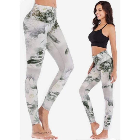 Watercolor Koi fish Lily pad print High waist workout leggings yoga pants S - Picture 7 of 8